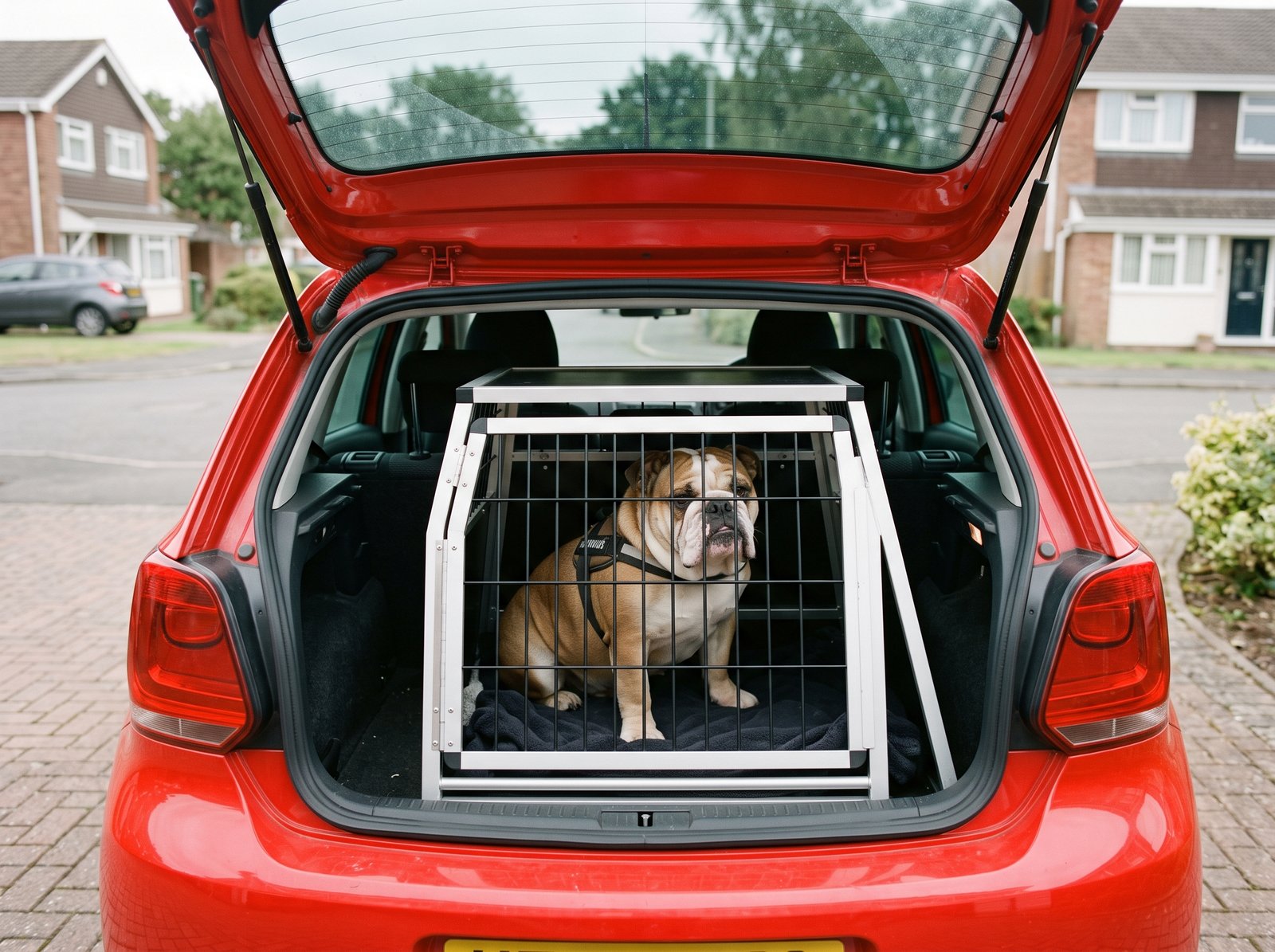 A dog travelling safely in a secure pet taxi